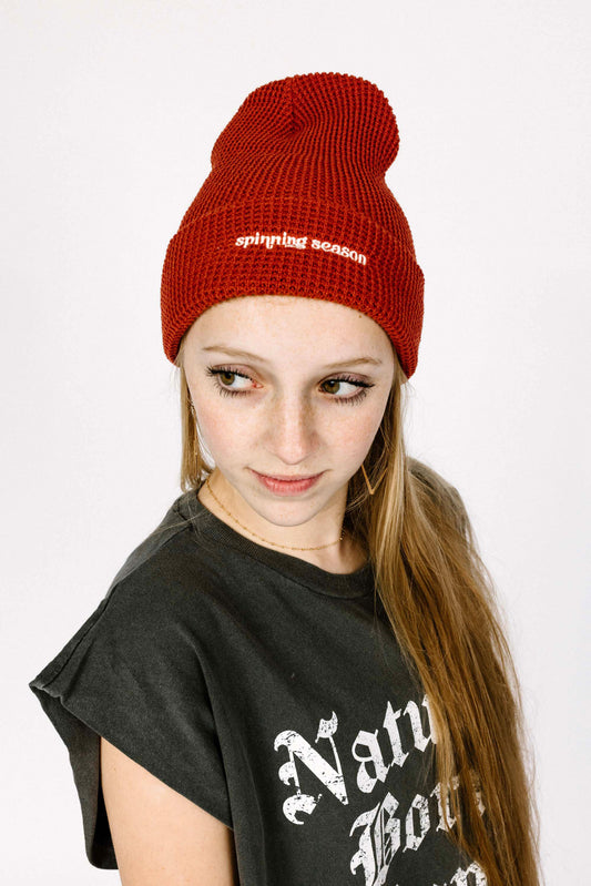 SPINNING SEASON EMBROIDERED WAFFLE BEANIE